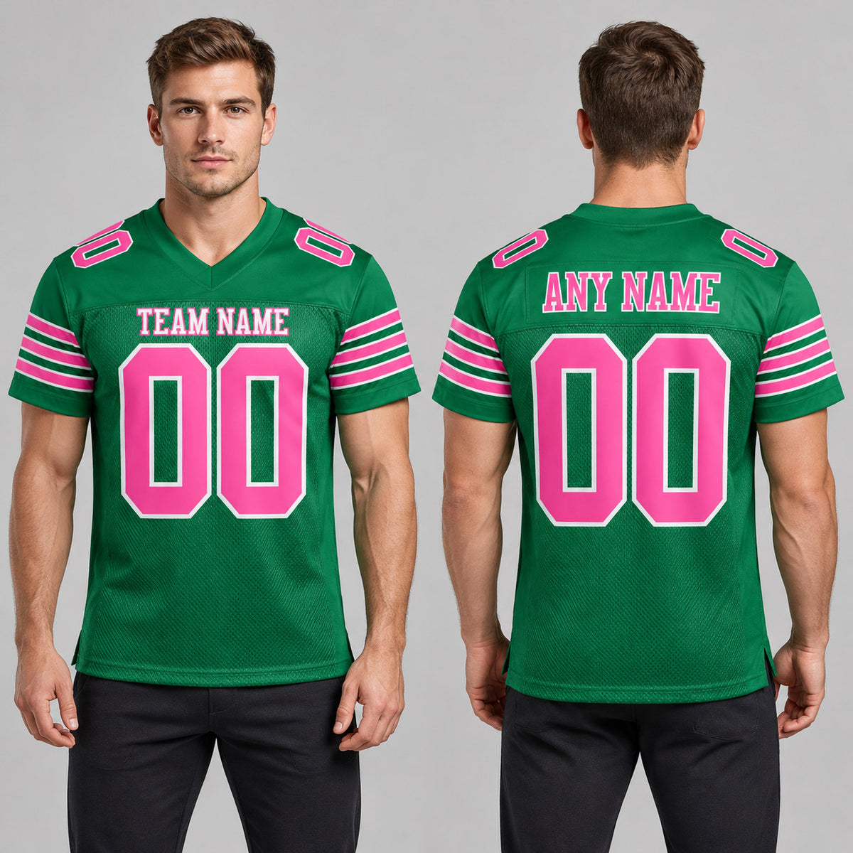 Custom Kelly Green Mesh Authentic Football Jersey with Pink and White Lettering Design 0298 worn by male model