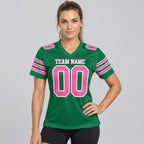 Custom Kelly Green Mesh Authentic Football Jersey with Pink and White Lettering Design 0298 worn by female model