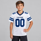 Custom White Mesh Authentic Football Jersey with Navy and Powder Blue Lettering Design 0037 youth size worn by child model