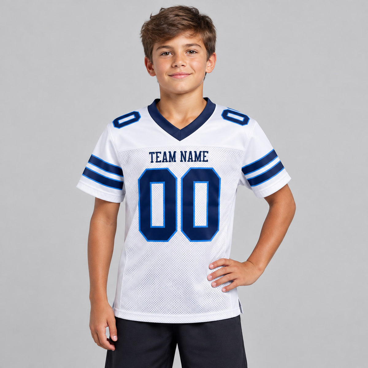 Custom White Mesh Authentic Football Jersey with Navy and Powder Blue Lettering Design 0037 youth size worn by child model