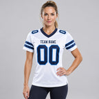 Custom White Mesh Authentic Football Jersey with Navy and Powder Blue Lettering Design 0037 worn by female model