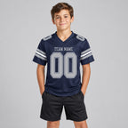 Custom Navy Mesh Authentic Football Jersey with Gray and White Lettering Design 0005 youth size worn by child model