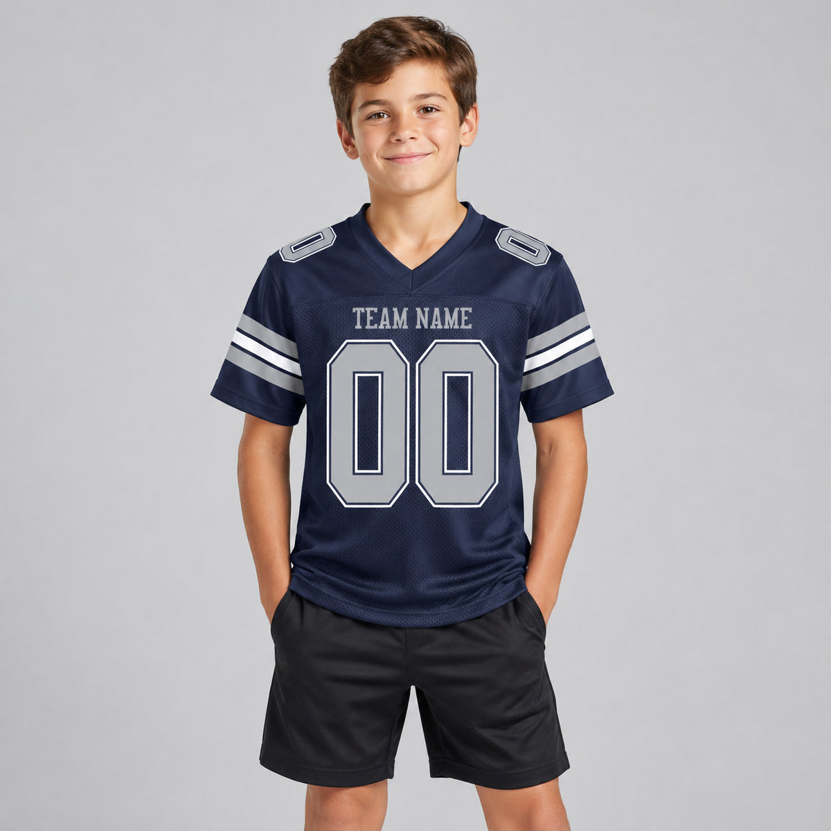 Custom Navy Mesh Authentic Football Jersey with Gray and White Lettering Design 0005 youth size worn by child model