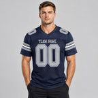 Custom Navy Mesh Authentic Football Jersey with Gray and White Lettering Design 0005 worn by male model
