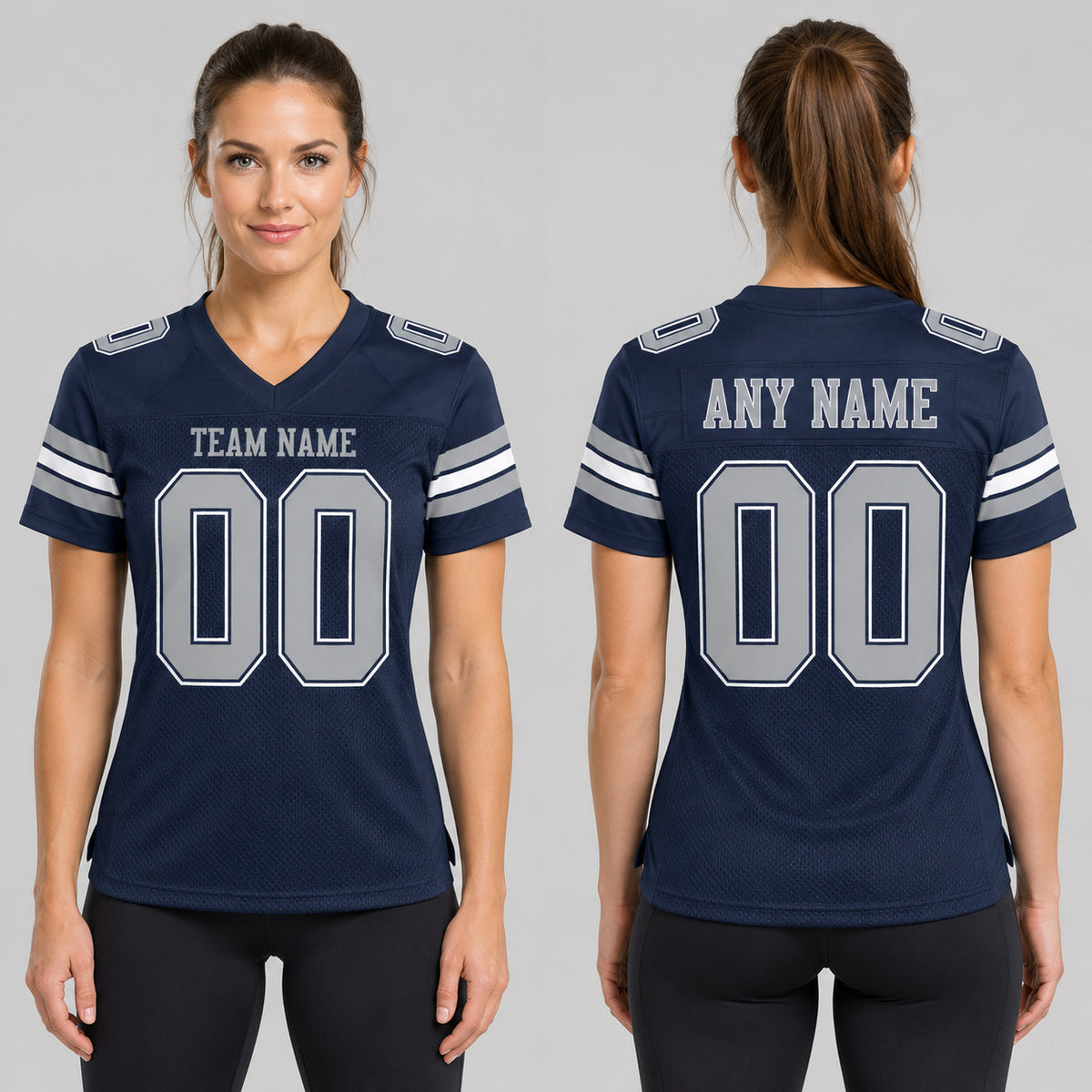 Custom Navy Mesh Authentic Football Jersey with Gray and White Lettering Design 0005 worn by female model