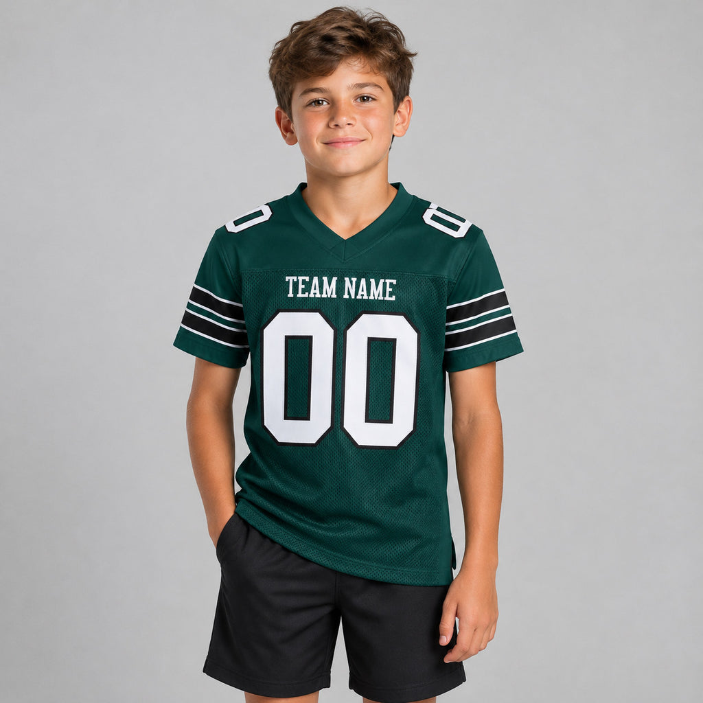 Custom Midnight Green Mesh Authentic Football Jersey with White and Black Lettering Design 0004 youth size worn by child model