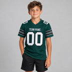 Custom Midnight Green Mesh Authentic Football Jersey with White and Black Lettering Design 0004 youth size worn by child model