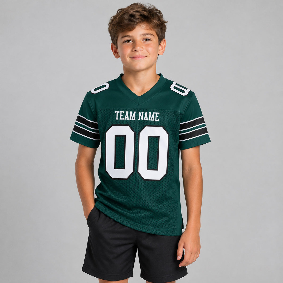 Custom Midnight Green Mesh Authentic Football Jersey with White and Black Lettering Design 0004 youth size worn by child model