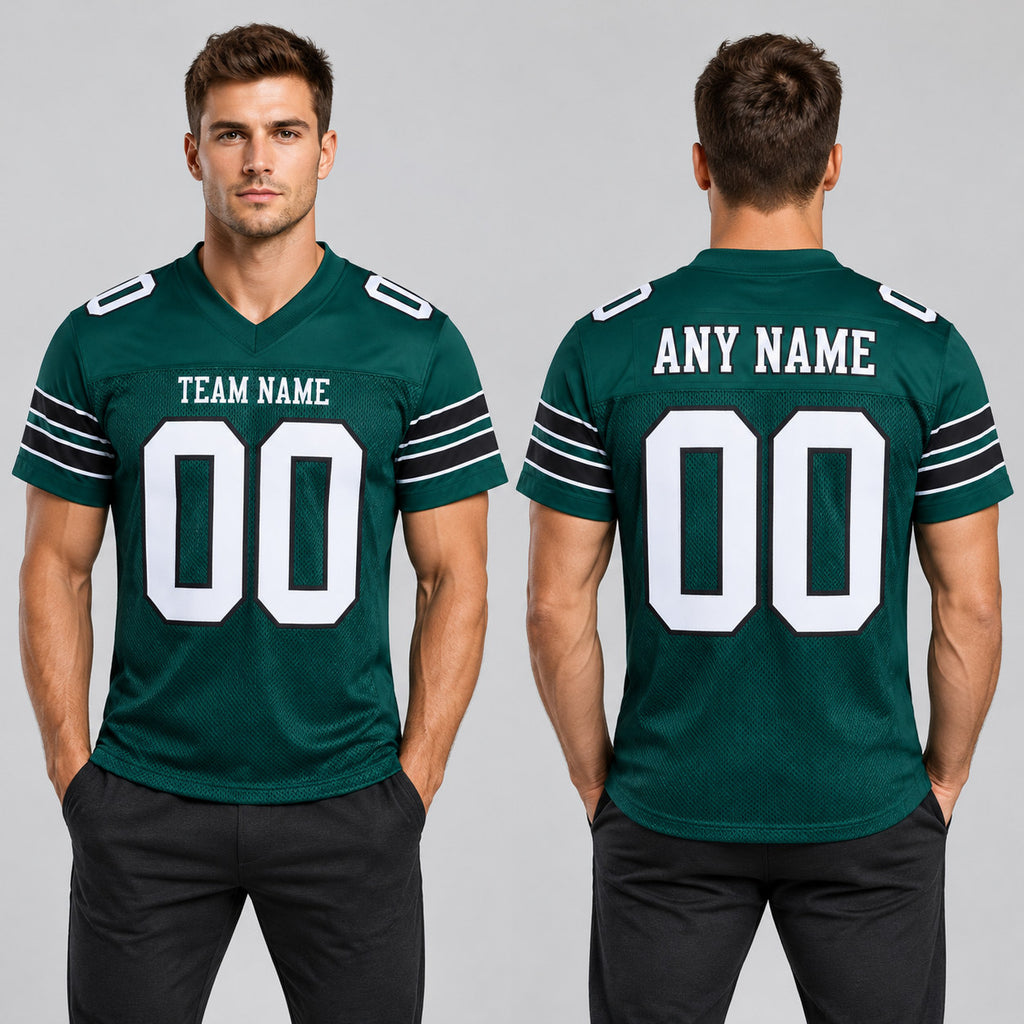 Custom Midnight Green Mesh Authentic Football Jersey with White and Black Lettering Design 0004 worn by male model