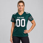 Custom Midnight Green Mesh Authentic Football Jersey with White and Black Lettering Design 0004 worn by female model