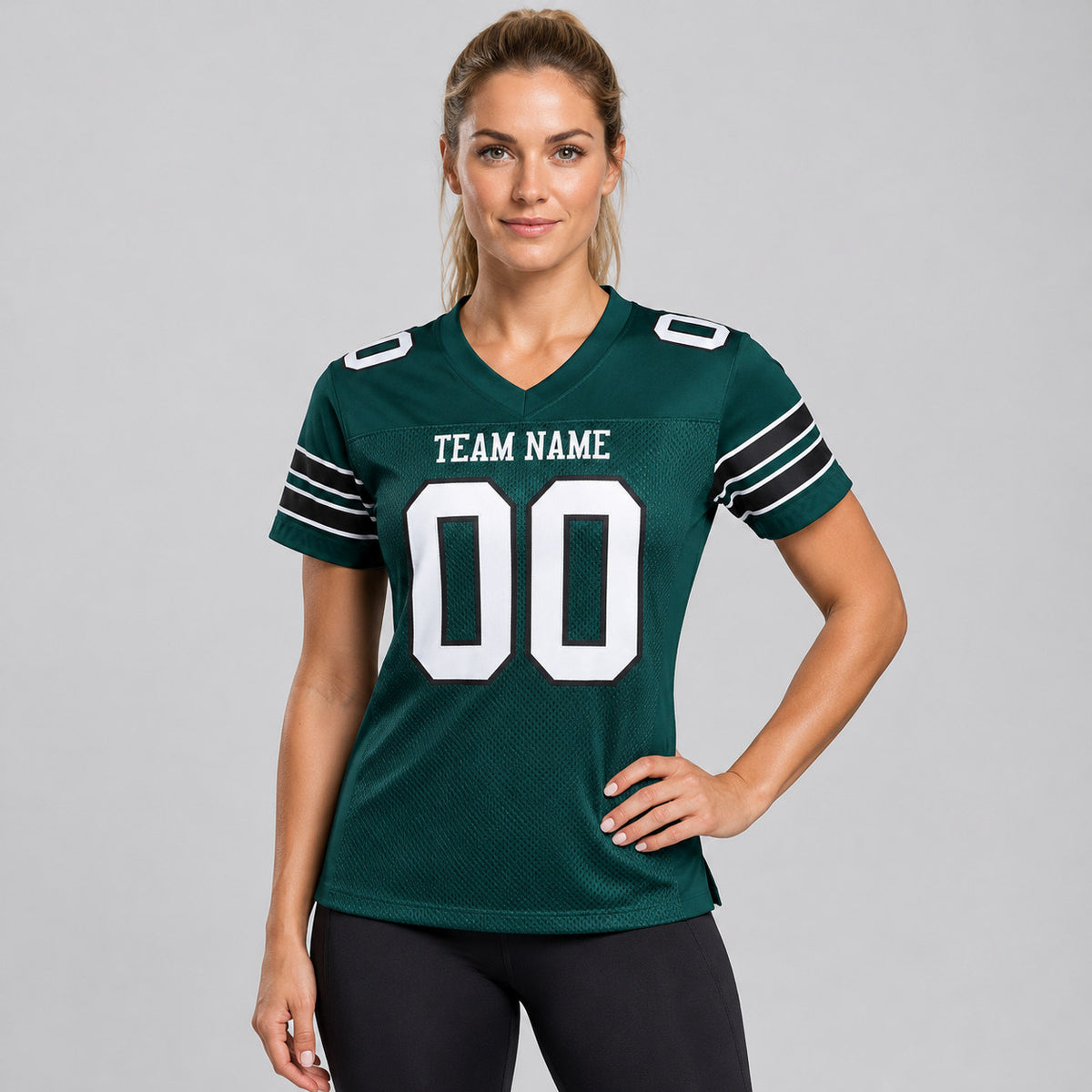 Custom Midnight Green Mesh Authentic Football Jersey with White and Black Lettering Design 0004 worn by female model