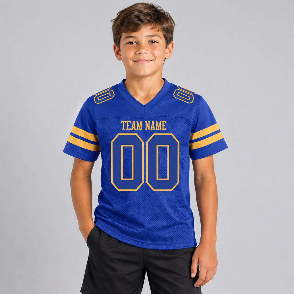 Custom Royal Mesh Authentic Football Jersey with Royal and Gold Lettering youth size worn by child model