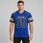 Custom Royal Mesh Authentic Football Jersey with Royal and Gold Lettering worn by male model