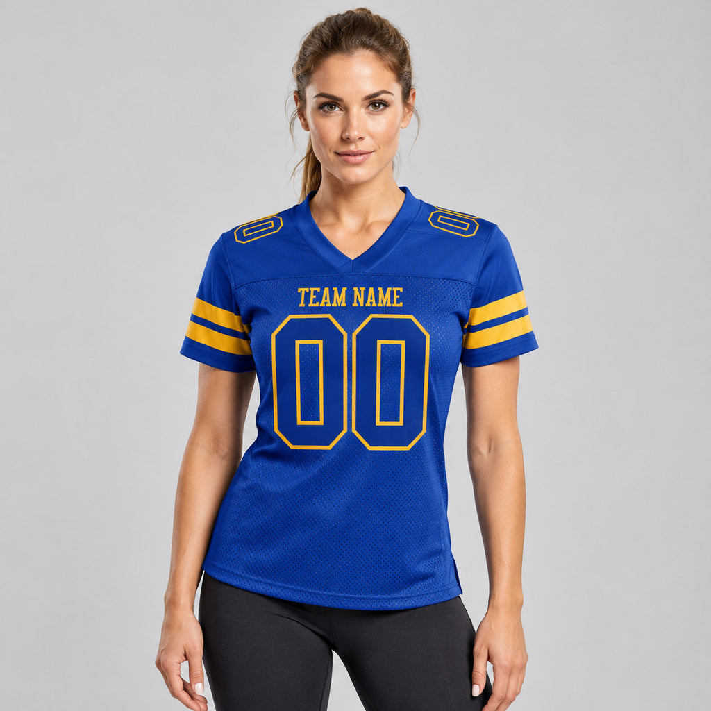 Custom Royal Mesh Authentic Football Jersey with Royal and Gold Lettering worn by female model