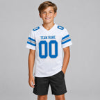 Custom White Mesh Authentic Football Jersey with Panther Blue and Light Gray Lettering Design 0016 youth size worn by child model