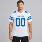 Custom White Mesh Authentic Football Jersey with Panther Blue and Light Gray Lettering Design 0016 worn by male model