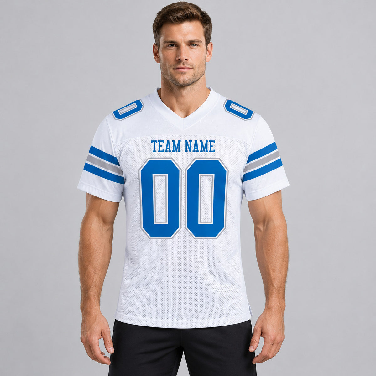 Custom White Mesh Authentic Football Jersey with Panther Blue and Light Gray Lettering Design 0016 worn by male model