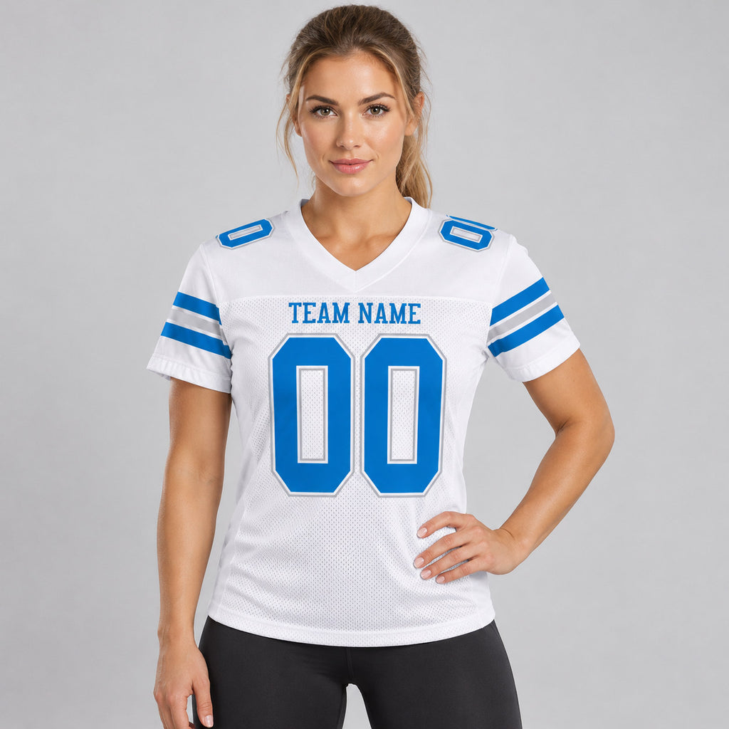 Custom White Mesh Authentic Football Jersey with Panther Blue and Light Gray Lettering Design 0016 worn by female model