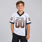 Custom White Drift Football Jersey with Black and Orange Lettering youth size worn by child model