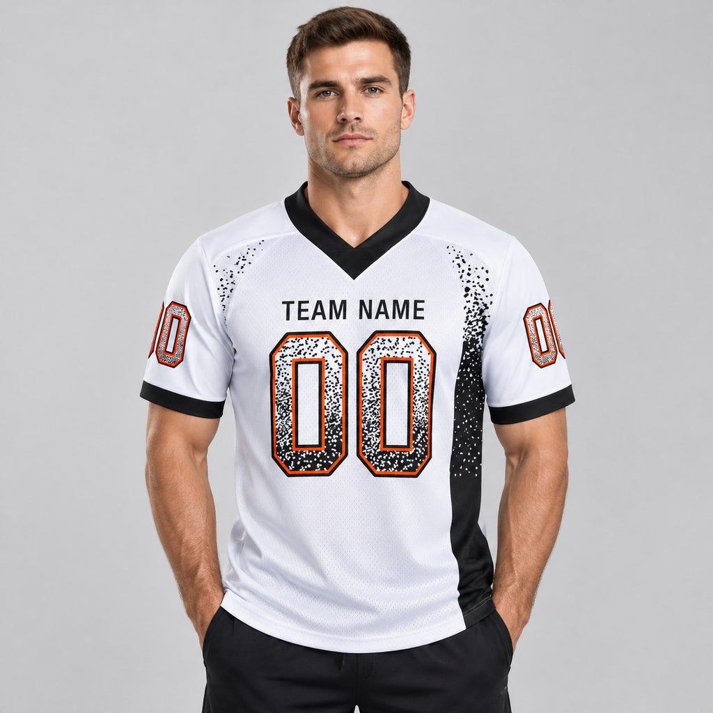 Custom White Drift Football Jersey with Black and Orange Lettering worn by male model