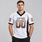 Custom White Drift Football Jersey with Black and Orange Lettering worn by male model