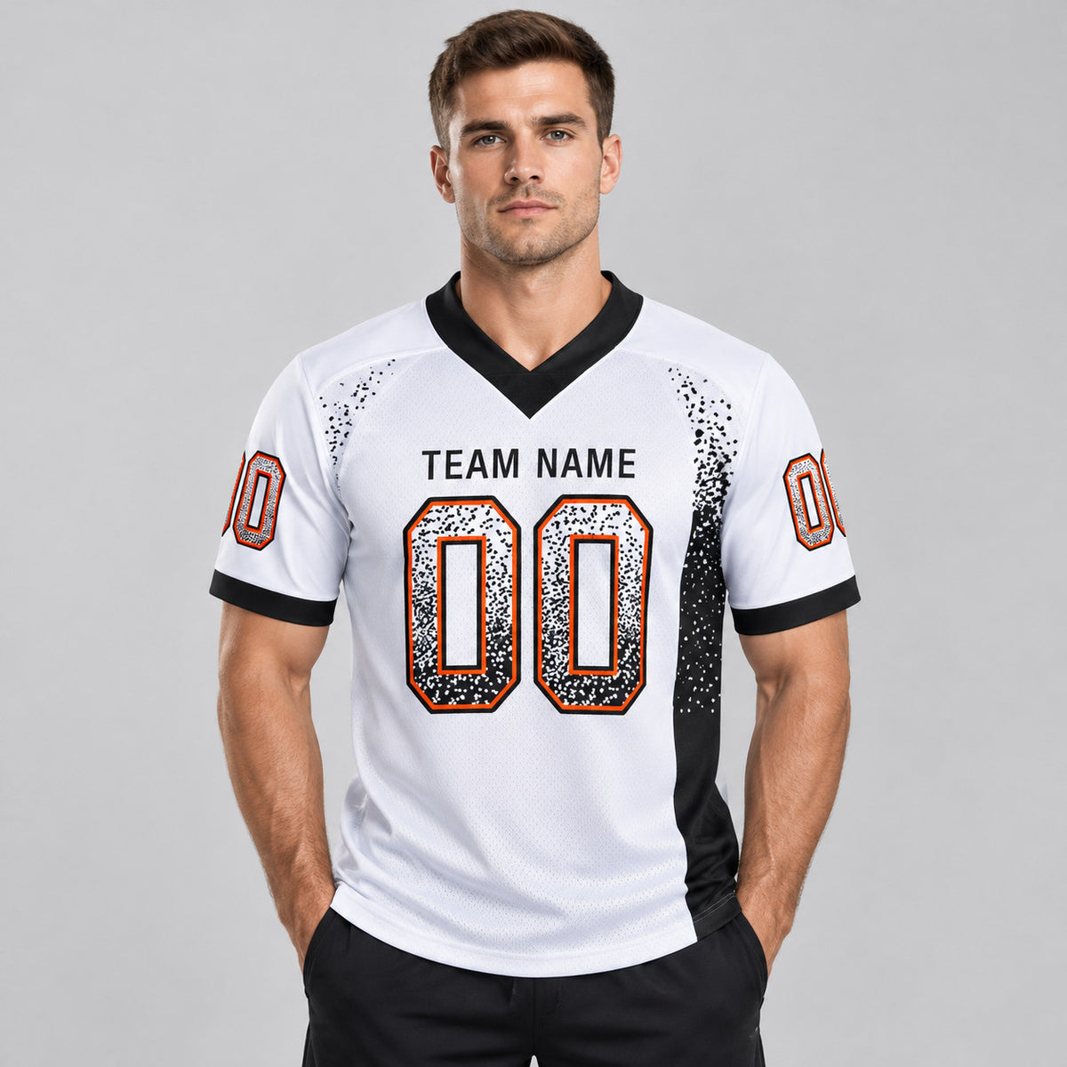 Custom White Drift Football Jersey with Black and Orange Lettering worn by male model