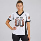 Custom White Drift Football Jersey with Black and Orange Lettering worn by female model