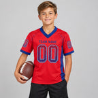 Custom Red Drift Football Jersey with Royal and White Lettering youth size worn by child model