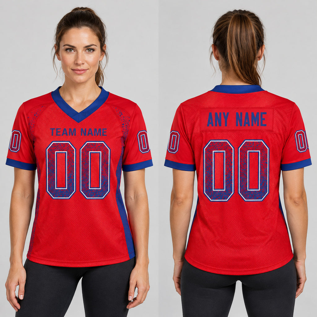 Custom Red Drift Football Jersey with Royal and White Lettering worn by female model
