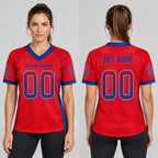 Custom Red Drift Football Jersey with Royal and White Lettering worn by female model