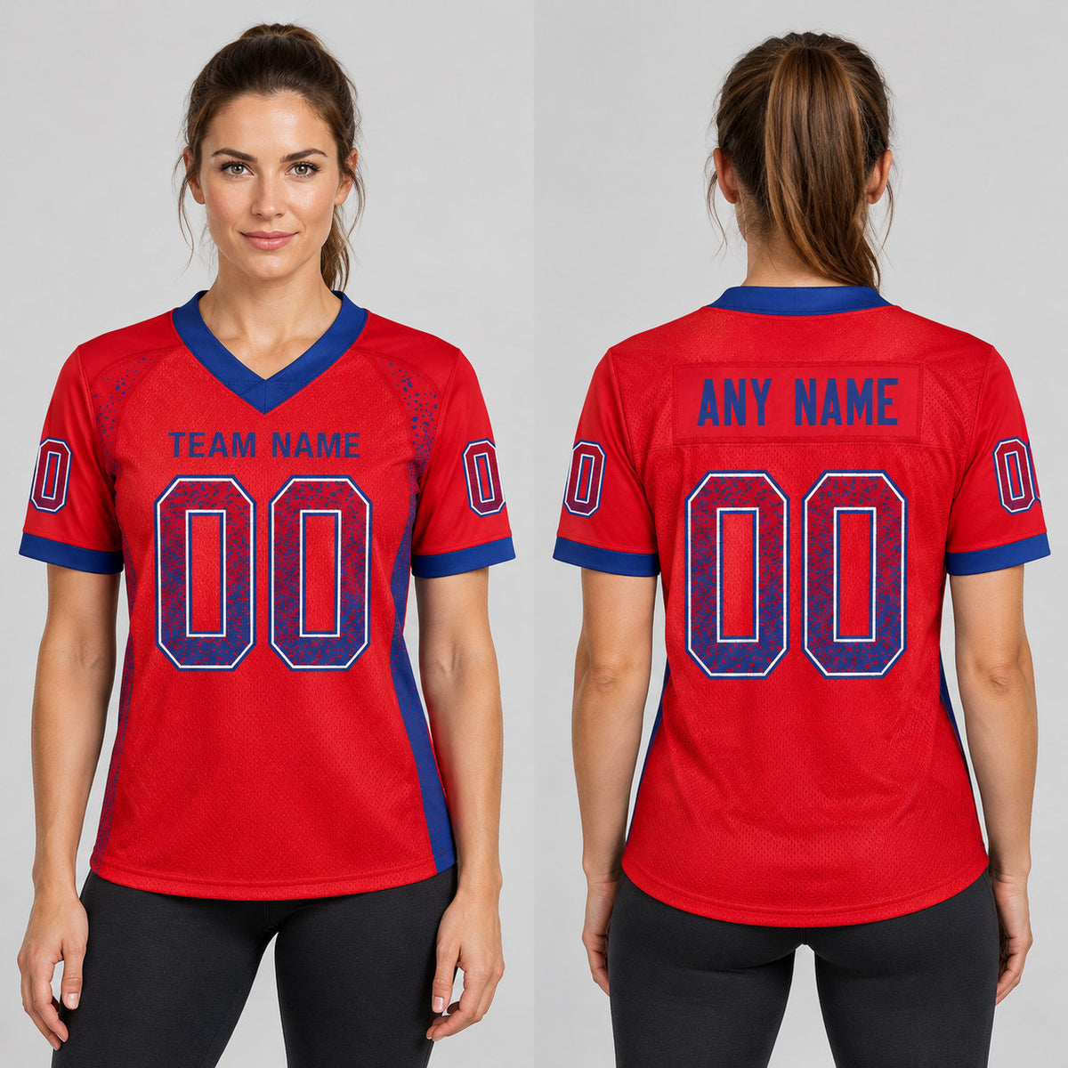 Custom Red Drift Football Jersey with Royal and White Lettering worn by female model
