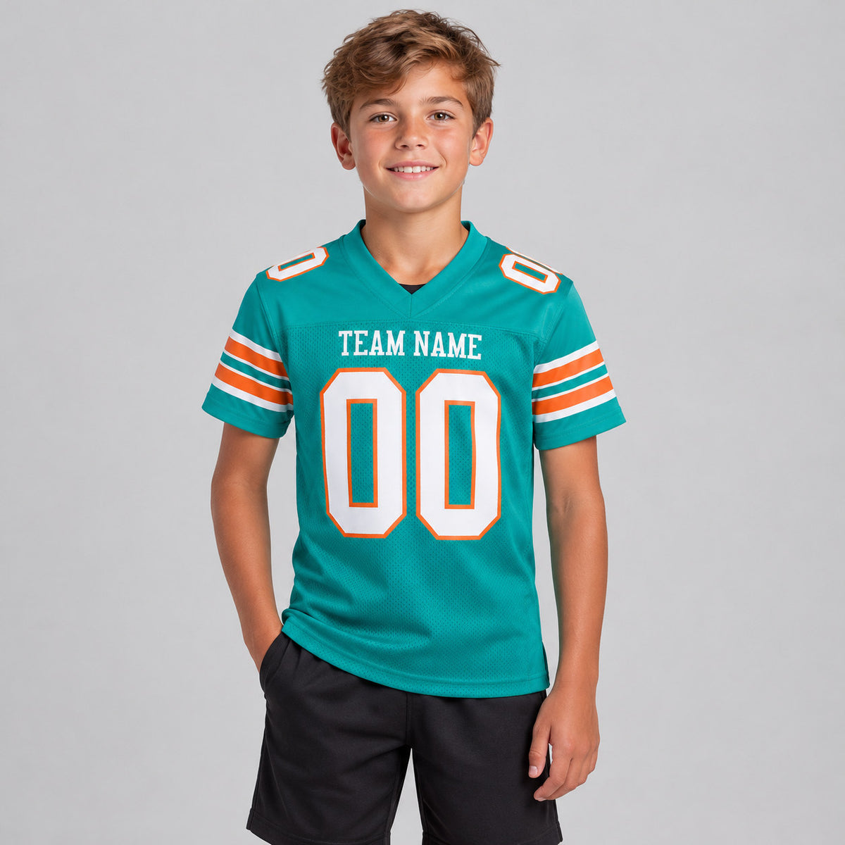 Custom Aqua Mesh Authentic Football Jersey with White and Orange Lettering Design 0005 youth size worn by child model