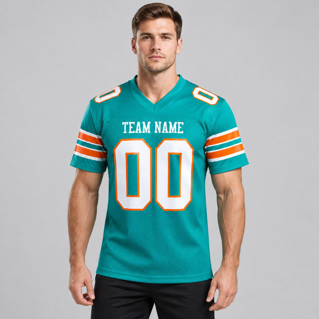 Custom Aqua Mesh Authentic Football Jersey with White and Orange Lettering Design 0005 worn by male model