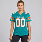 Custom Aqua Mesh Authentic Football Jersey with White and Orange Lettering Design 0005 worn by female model