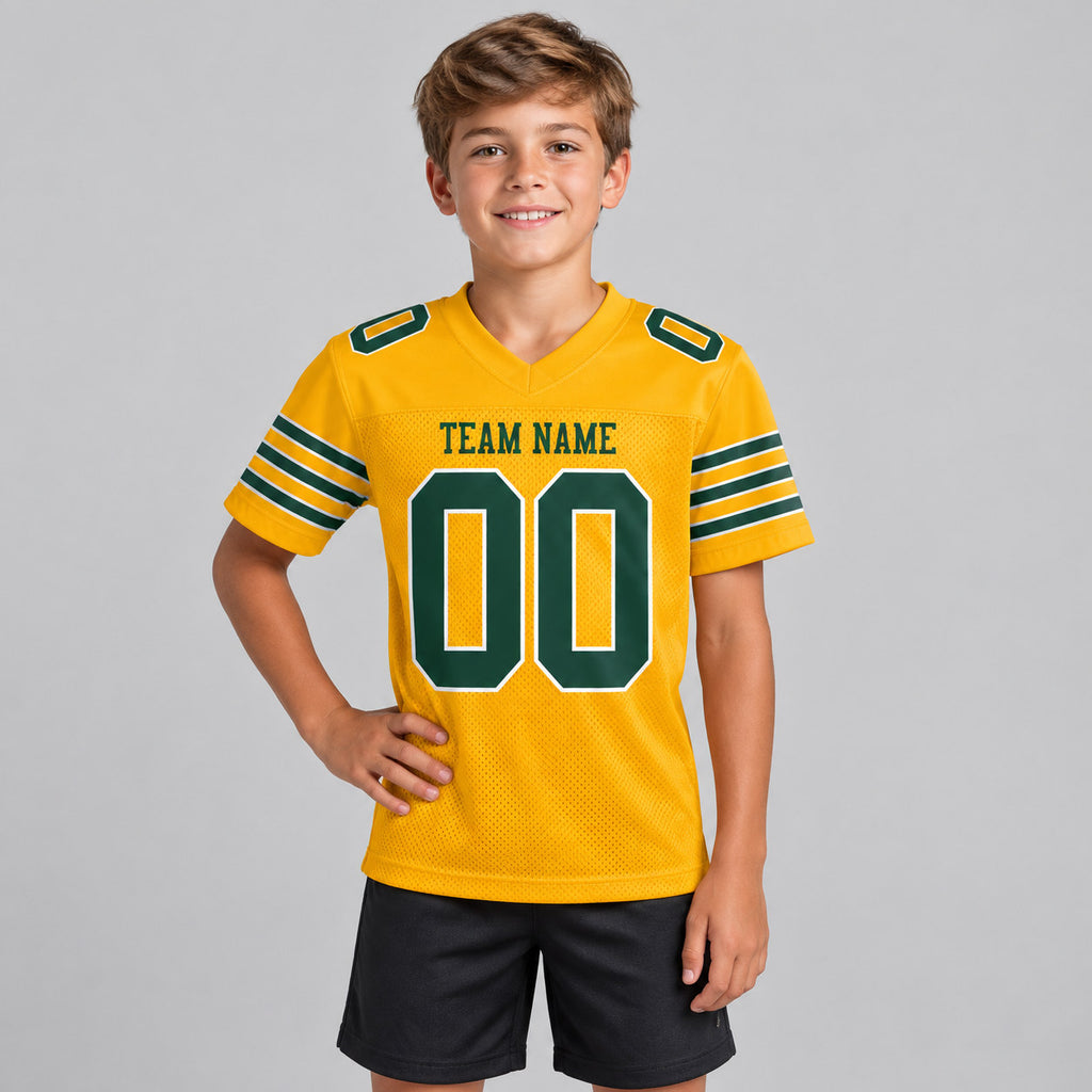 Custom Gold Mesh Authentic Football Jersey with Green and White Lettering Design 0008 youth size worn by child model