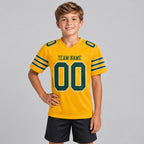 Custom Gold Mesh Authentic Football Jersey with Green and White Lettering Design 0008 youth size worn by child model