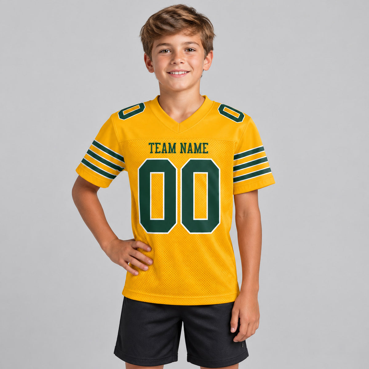 Custom Gold Mesh Authentic Football Jersey with Green and White Lettering Design 0008 youth size worn by child model