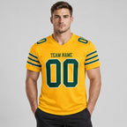 Custom Gold Mesh Authentic Football Jersey with Green and White Lettering Design 0008 worn by male model