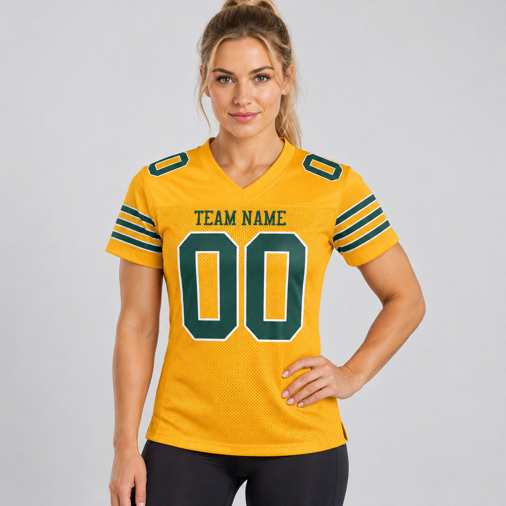Custom Gold Mesh Authentic Football Jersey with Green and White Lettering Design 0008 worn by female model