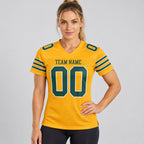 Custom Gold Mesh Authentic Football Jersey with Green and White Lettering Design 0008 worn by female model