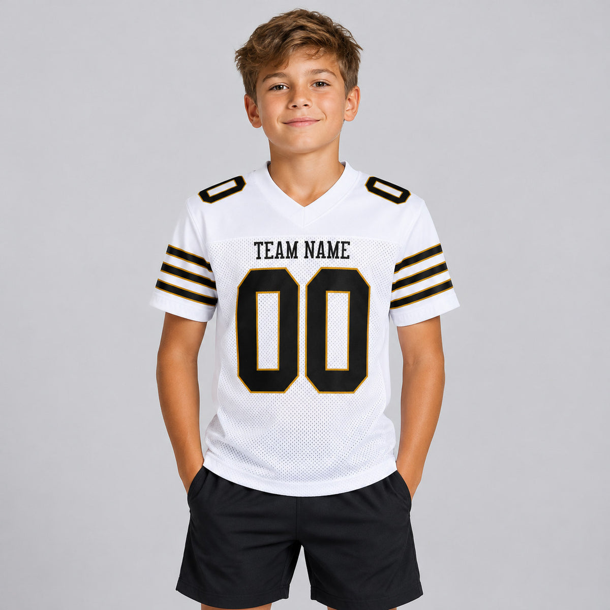 Custom White Mesh Authentic Football Jersey with Black and Old Gold Lettering Design 0060 youth size worn by child model