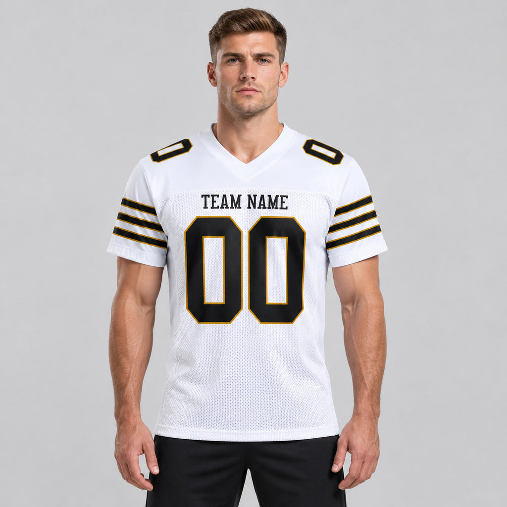 Custom White Mesh Authentic Football Jersey with Black and Old Gold Lettering Design 0060 worn by male model