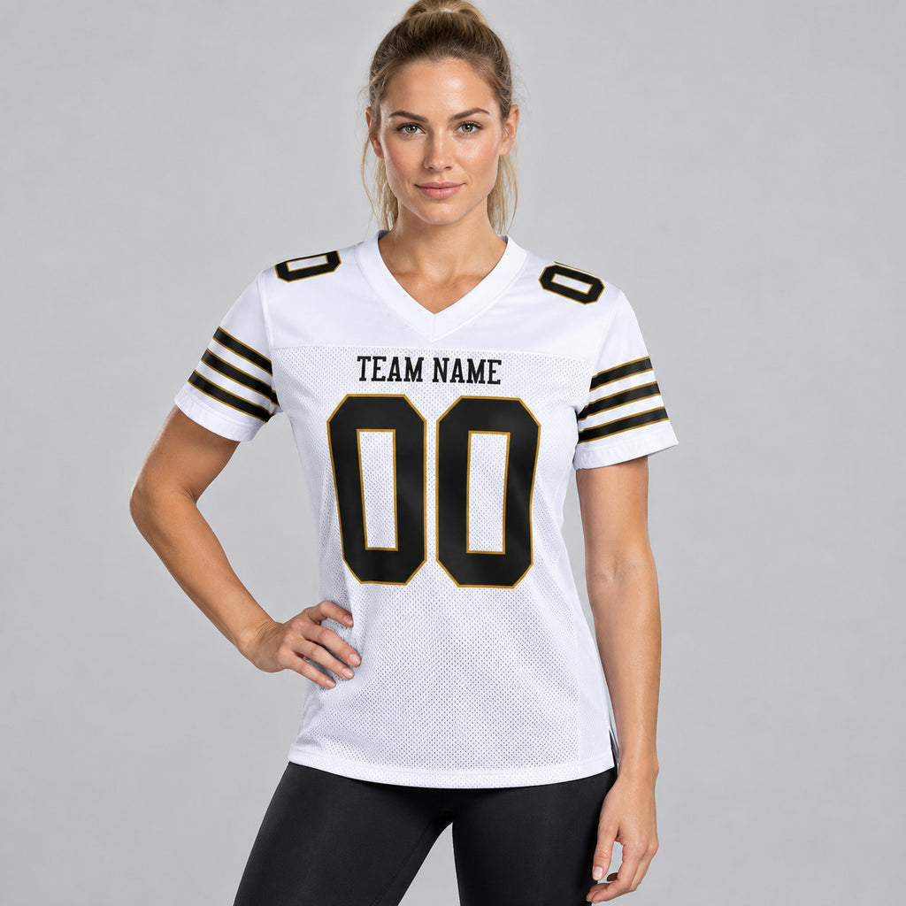 Custom White Mesh Authentic Football Jersey with Black and Old Gold Lettering Design 0060 worn by female model