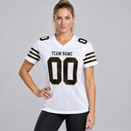 Custom White Mesh Authentic Football Jersey with Black and Old Gold Lettering Design 0060 worn by female model