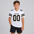 Custom White Mesh Authentic Football Jersey with Black and Vegas Gold Lettering youth size worn by child model