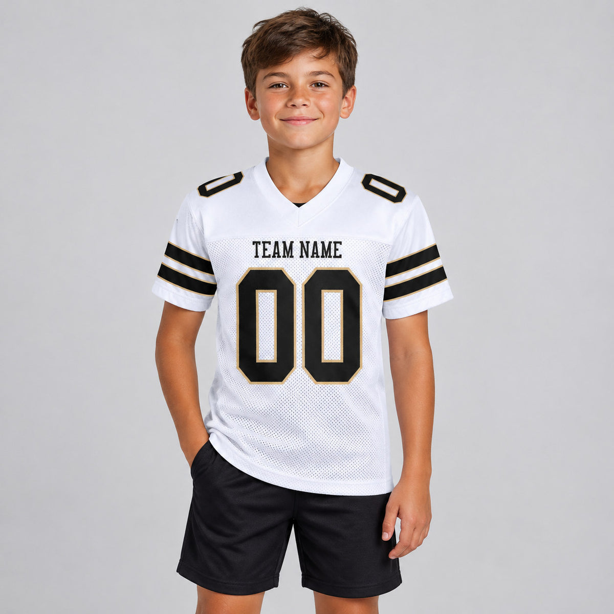 Custom White Mesh Authentic Football Jersey with Black and Vegas Gold Lettering youth size worn by child model