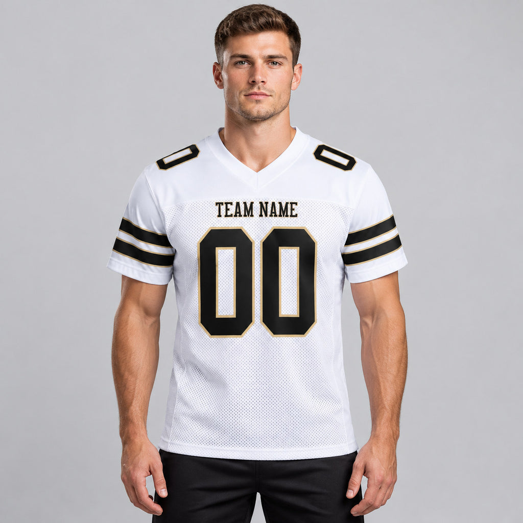 Custom White Mesh Authentic Football Jersey with Black and Vegas Gold Lettering worn by male model