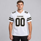 Custom White Mesh Authentic Football Jersey with Black and Vegas Gold Lettering worn by male model