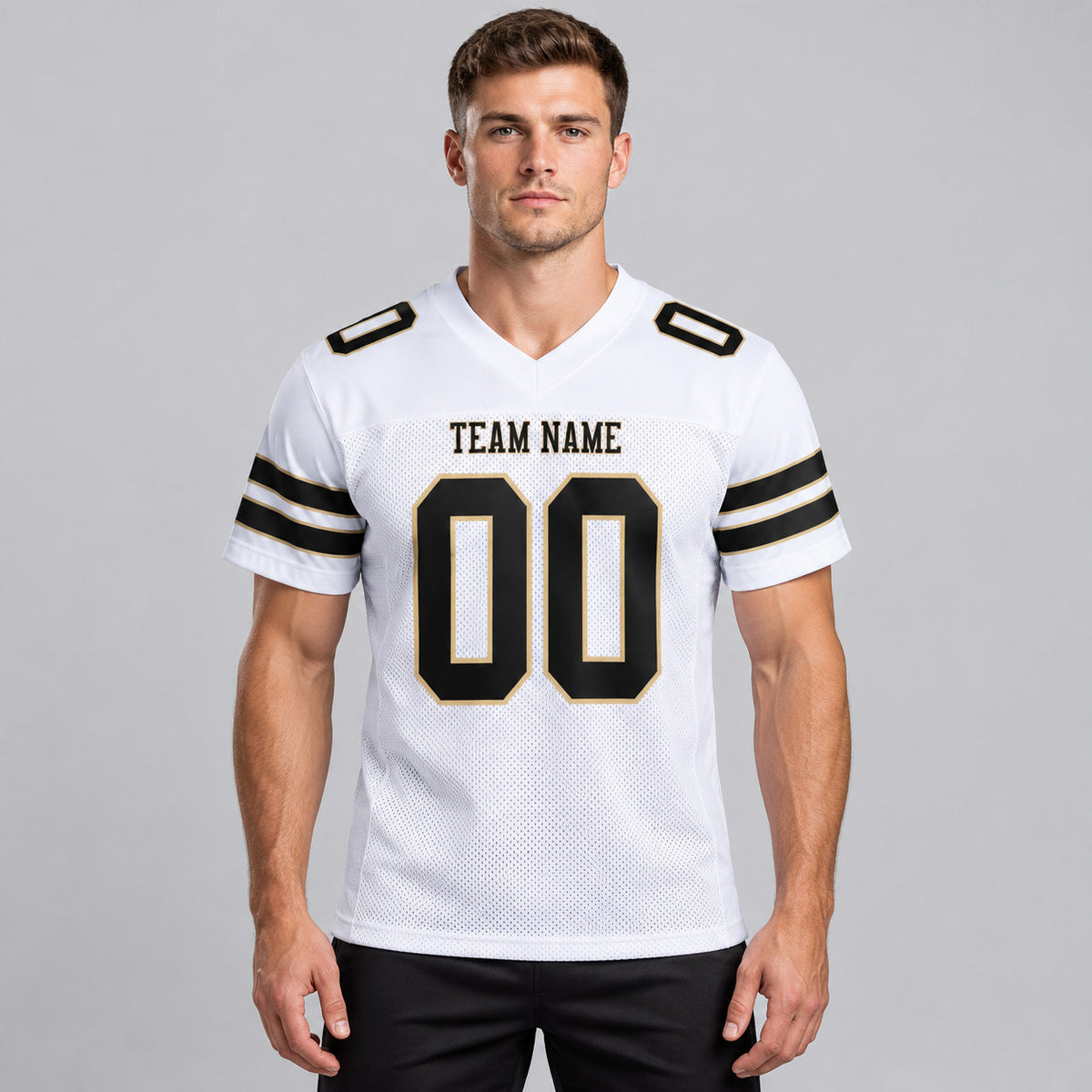 Custom White Mesh Authentic Football Jersey with Black and Vegas Gold Lettering worn by male model