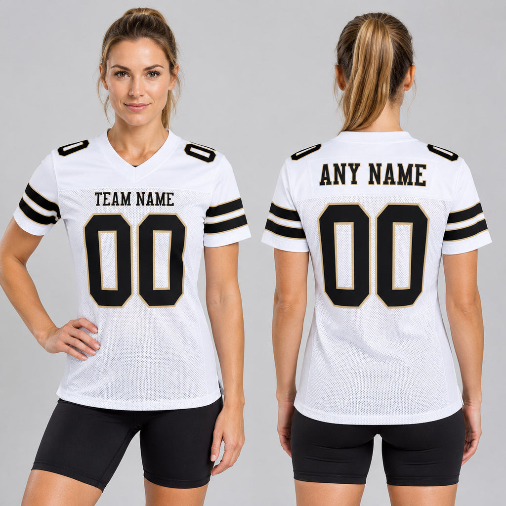 Custom White Mesh Authentic Football Jersey with Black and Vegas Gold Lettering worn by female model
